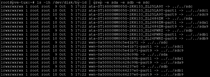 Screenshot of a linux terminal, with the output of the command 'ls -lh /dev/disk/by-id | grep -e sda -e sdb -e sdc' showing 3 16TB hard drives, and 2 500GB SSDs.