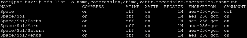Screenshot of a linux terminal, with the output of the command 'zfs list -o name,compression,atime,xattr,recordsize,encryption,canmount` this time showing the root dataset 'Space', along with its child dataset 'Sol', and Sols child datasets 'Earth', 'Mars', 'Saturn' and 'Venus'