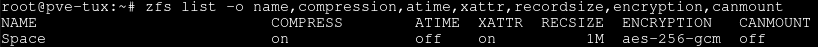 Screenshot of a linux terminal, with the output of the command 'zfs list -o name,compression,atime,xattr,recordsize,encryption,canmount` showing a successfully created pool named 'Space'